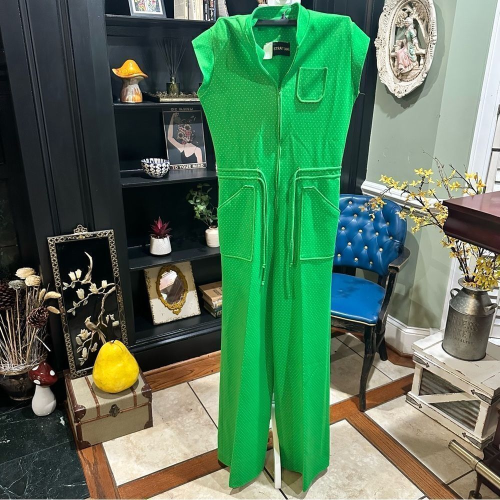 70s Swiss Dot, Zipper Front Wide Leg Jumpsuit (M, 31"-33" Waist)